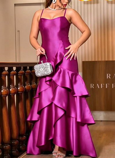 A-Line Sweetheart Sleeveless Asymmetrical Satin Evening Dresses With Ruffle