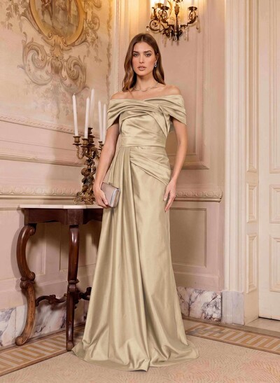 A-Line Off-The-Shoulder Floor-Length Satin Evening Dresses