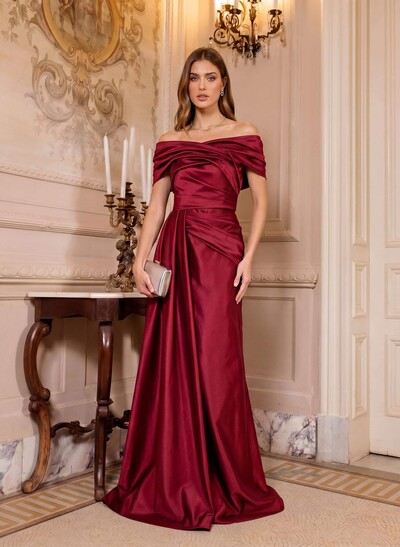 A-Line Off-The-Shoulder Floor-Length Satin Evening Dresses