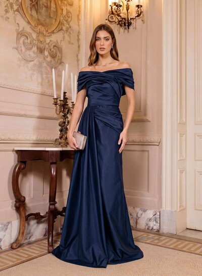 A-Line Off-The-Shoulder Floor-Length Satin Evening Dresses