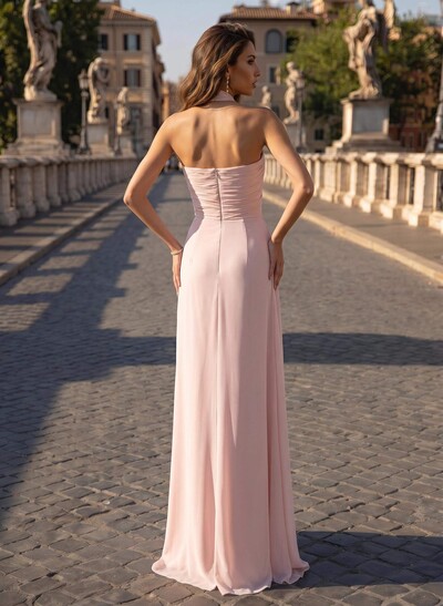 A-Line Halter Sleeveless Floor-Length Chiffon Evening Dresses With Back Slit