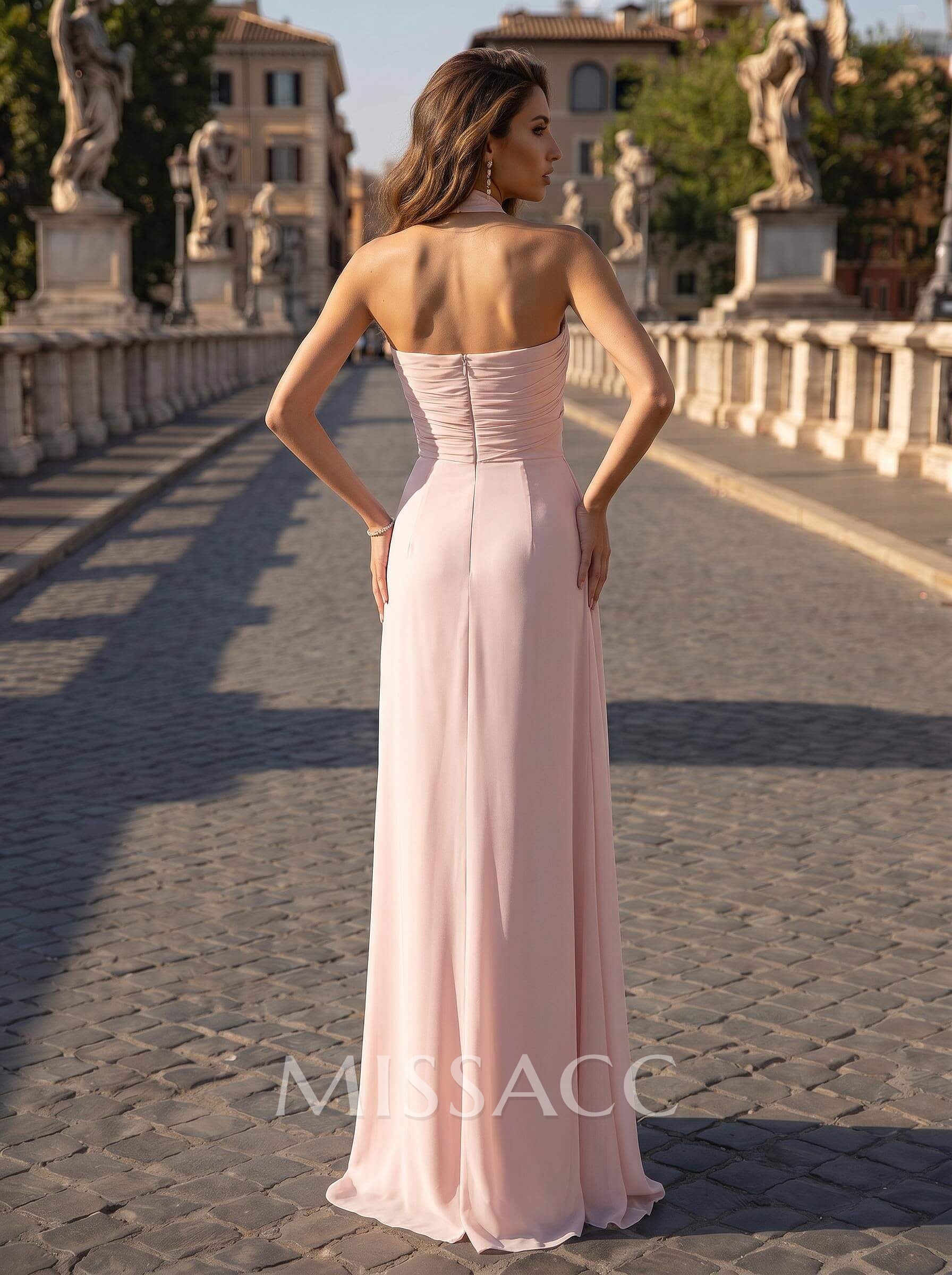 A-Line Halter Sleeveless Floor-Length Chiffon Evening Dresses With Back Slit