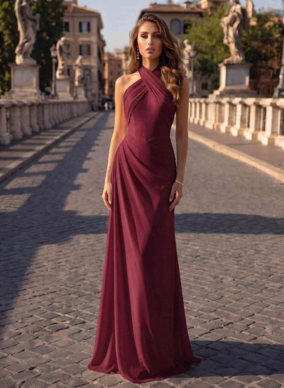 A-Line Halter Sleeveless Floor-Length Chiffon Evening Dresses With Back Slit