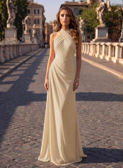 A-Line Halter Sleeveless Floor-Length Chiffon Evening Dresses With Back Slit
