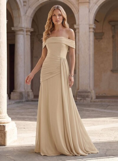 A-Line Off-The-Shoulder Floor-Length Chiffon Evening Dresses