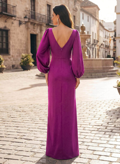 Sheath/Column Scoop Neck Long Sleeves Floor-Length Elastic Satin Evening Dresses