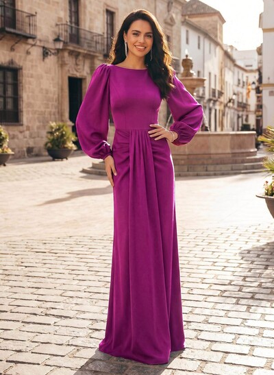Sheath/Column Scoop Neck Long Sleeves Floor-Length Elastic Satin Evening Dresses