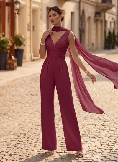 Jumpsuit/Pantsuit V-Neck Sleeveless Floor-Length Stretch Chiffon Evening Dresses With Pockets
