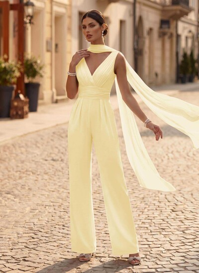Jumpsuit/Pantsuit V-Neck Sleeveless Floor-Length Stretch Chiffon Evening Dresses With Pockets