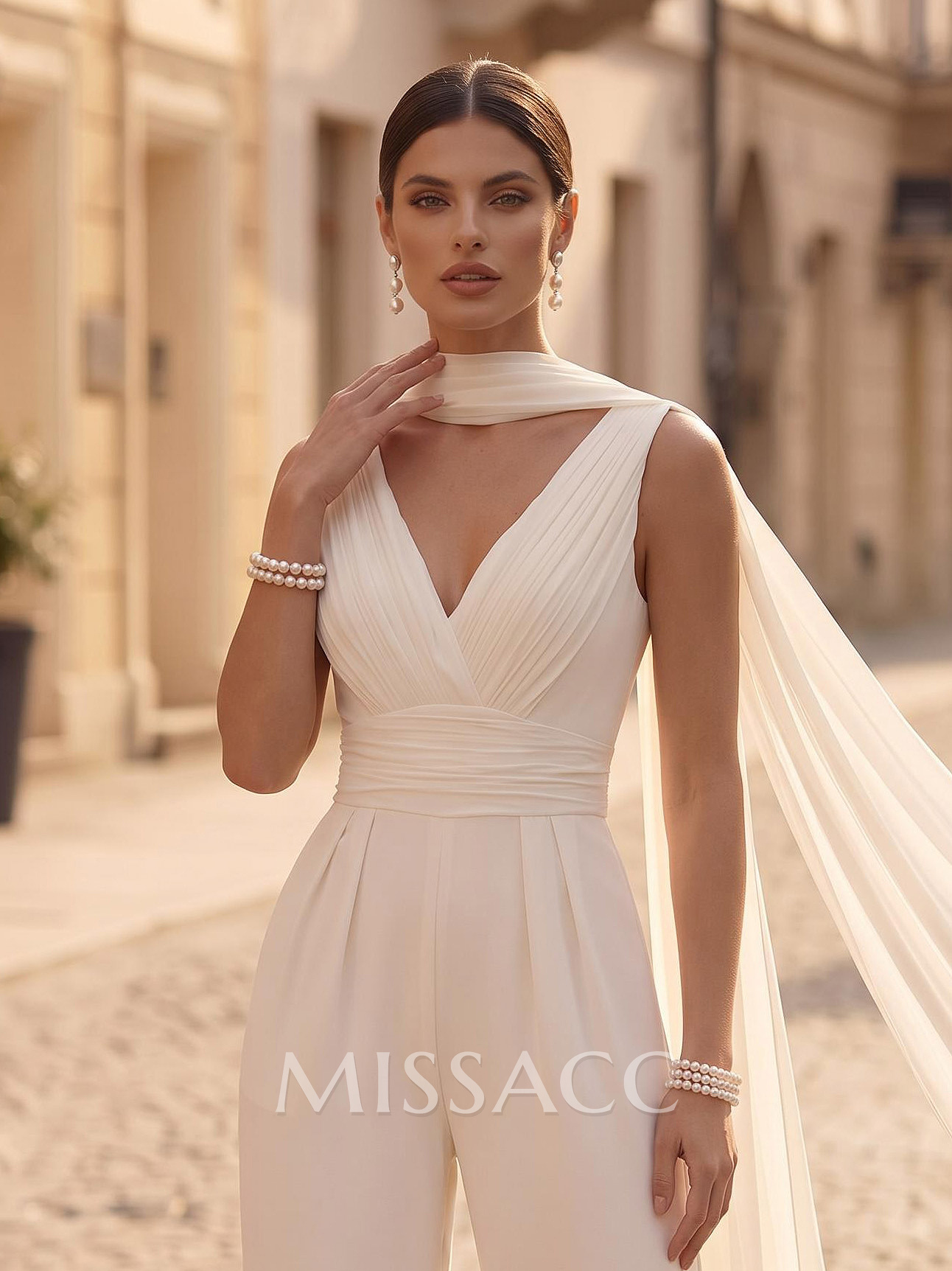 Jumpsuit/Pantsuit V-Neck Sleeveless Floor-Length Stretch Chiffon Evening Dresses With Pockets