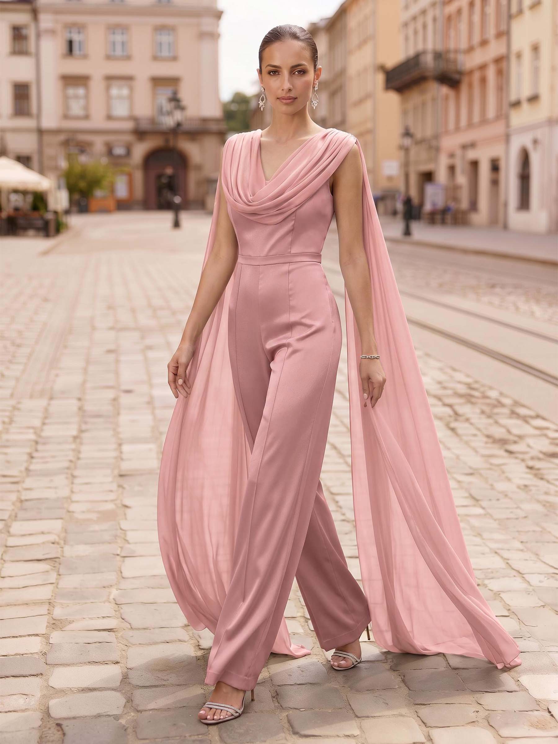 Pantsuit Cowl Neck Sleeveless Floor-Length Crepe Satin/Liquid Tulle Evening Dresses