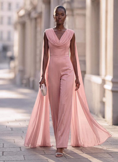Sleeveless Cowl Neck Maxi Jumpsuit Evening Wear in Crepe Satin/Liquid Tulle