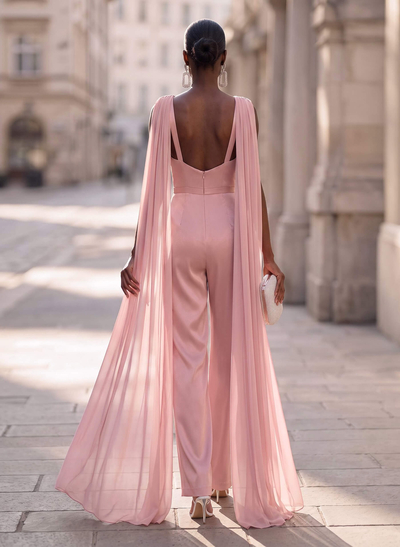 Sleeveless Cowl Neck Maxi Jumpsuit Evening Wear in Crepe Satin/Liquid Tulle