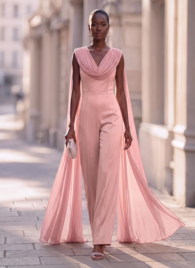 Jumpsuit/Pantsuit Cowl Neck Sleeveless Floor-Length Chiffon/Charmeuse Evening Dresses