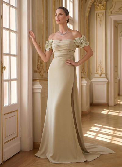 Trumpet/Mermaid Off-The-Shoulder Short Sleeves Sweep Train Elastic Satin Evening Dresses