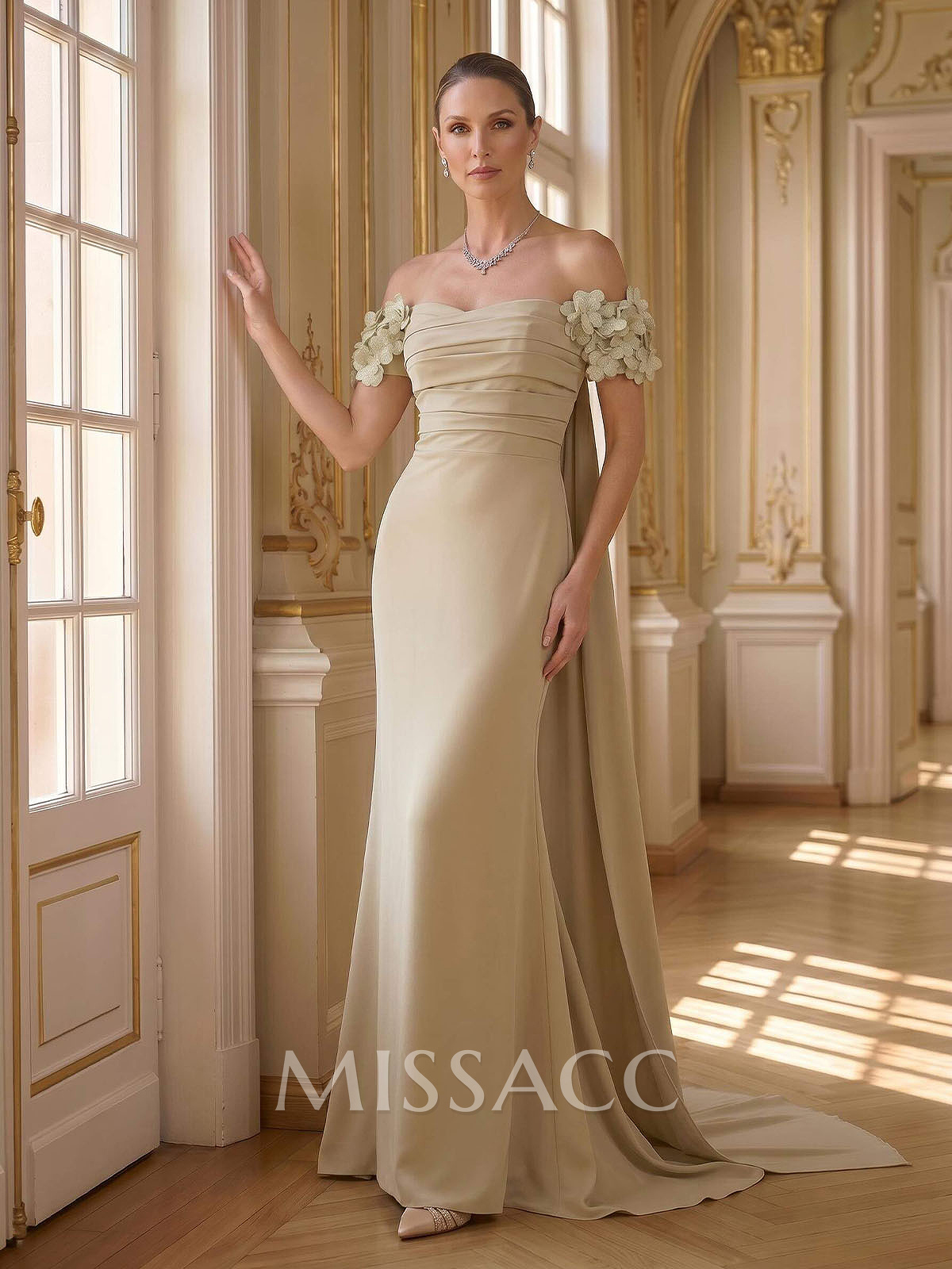 Trumpet/Mermaid Off-The-Shoulder Short Sleeves Sweep Train Elastic Satin Evening Dresses