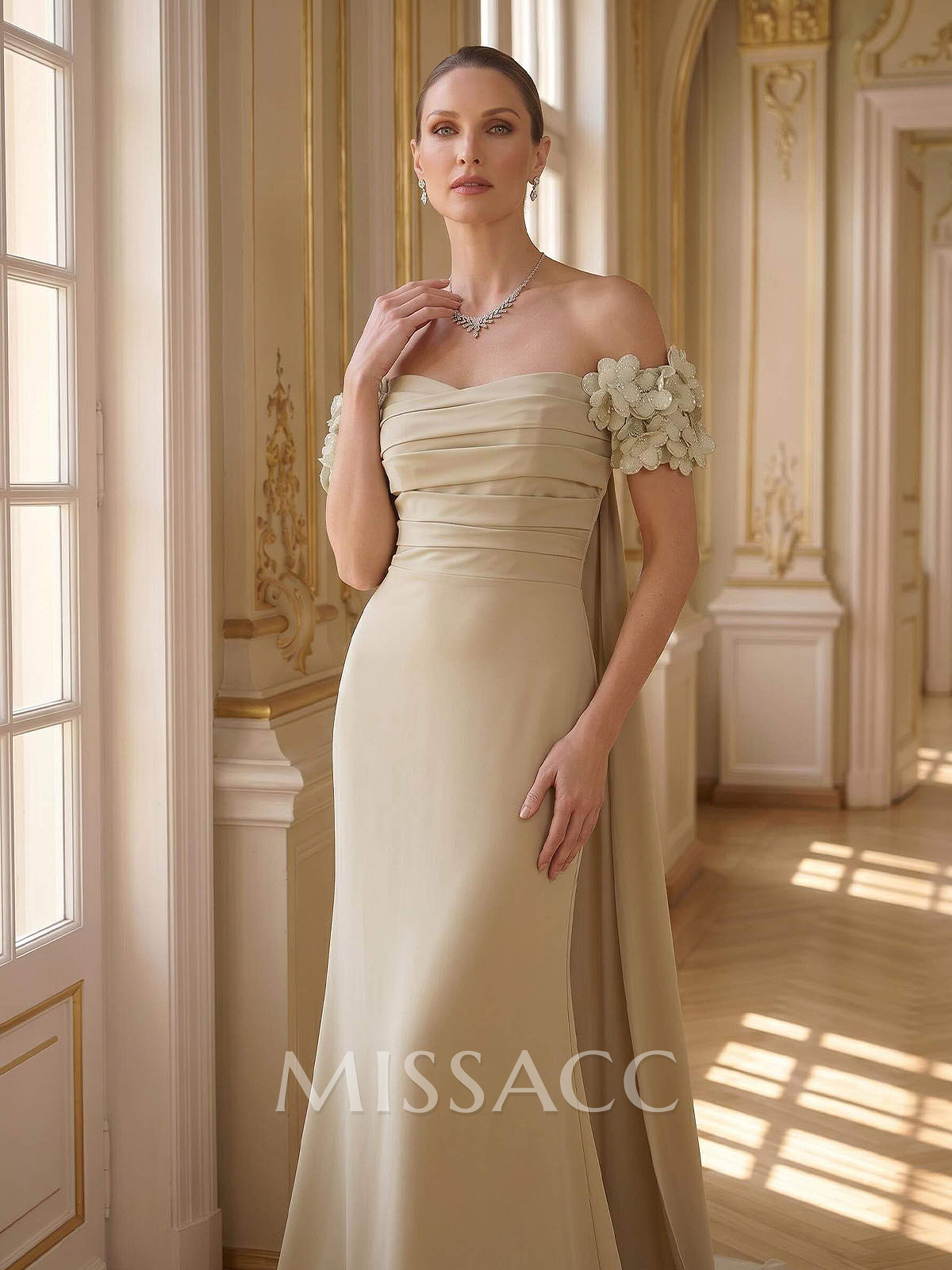 Trumpet/Mermaid Off-The-Shoulder Short Sleeves Sweep Train Elastic Satin Evening Dresses
