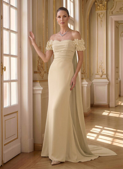 Trumpet/Mermaid Off-The-Shoulder Short Sleeves Sweep Train Elastic Satin Evening Dresses