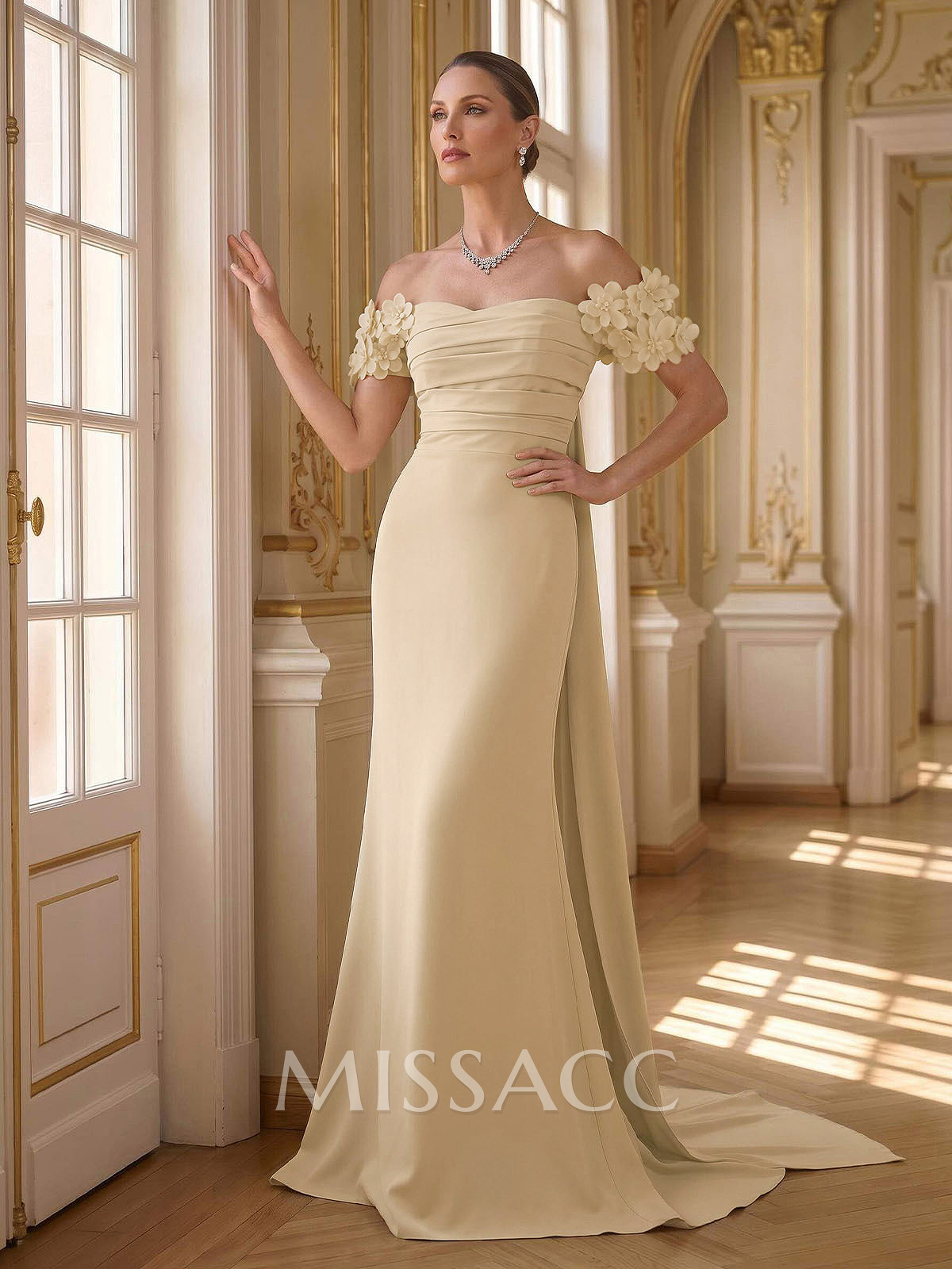 Trumpet/Mermaid Off-The-Shoulder Short Sleeves Sweep Train Elastic Satin Evening Dresses