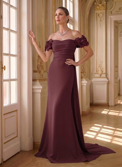 Trumpet/Mermaid Off-The-Shoulder Short Sleeve Stretch Satin Evening Dress With Sweep Train