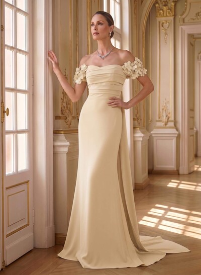 Trumpet/Mermaid Off-The-Shoulder Short Sleeve Stretch Satin Evening Dress With Sweep Train