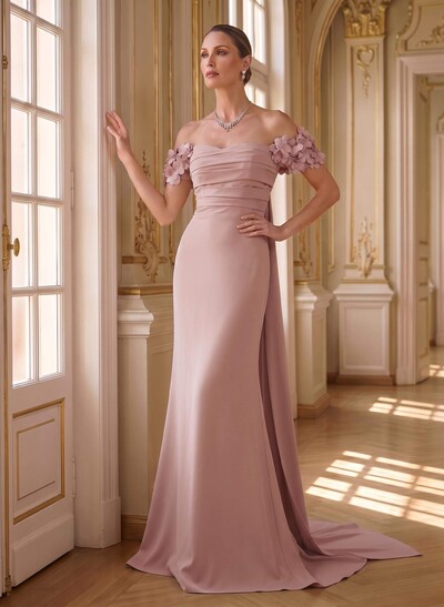 Trumpet/Mermaid Off-The-Shoulder Short Sleeve Stretch Satin Evening Dress With Sweep Train