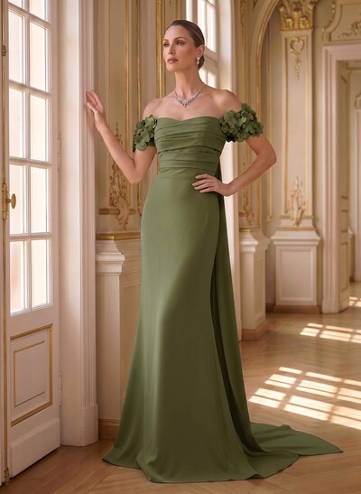 Trumpet/Mermaid Off-The-Shoulder Short Sleeve Stretch Satin Evening Dress With Sweep Train