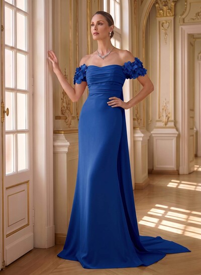 Trumpet/Mermaid Off-The-Shoulder Short Sleeve Stretch Satin Evening Dress With Sweep Train