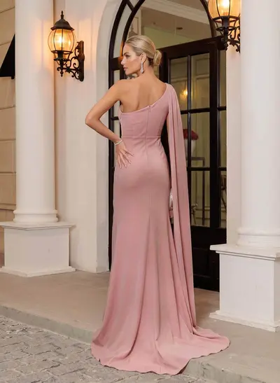 One-Shoulder Sleeveless Sheath Crepe Satin Mother Of The Bride Dress Featuring Sweep Train, High Split And Side Drape