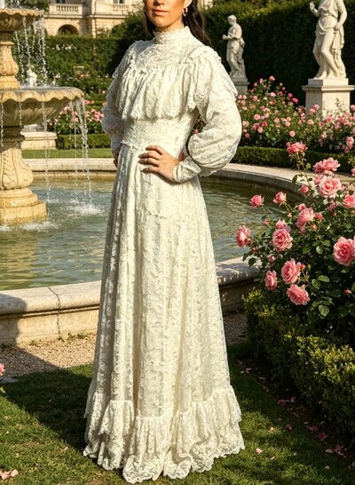 A-Line High Neck Long Sleeves Floor-Length Lace/Elastic Satin Evening Dresses