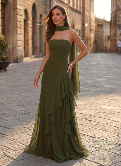 Sheath/Column Strapless Sleeveless Sweep Train Chiffon Evening Dresses With Ruffle