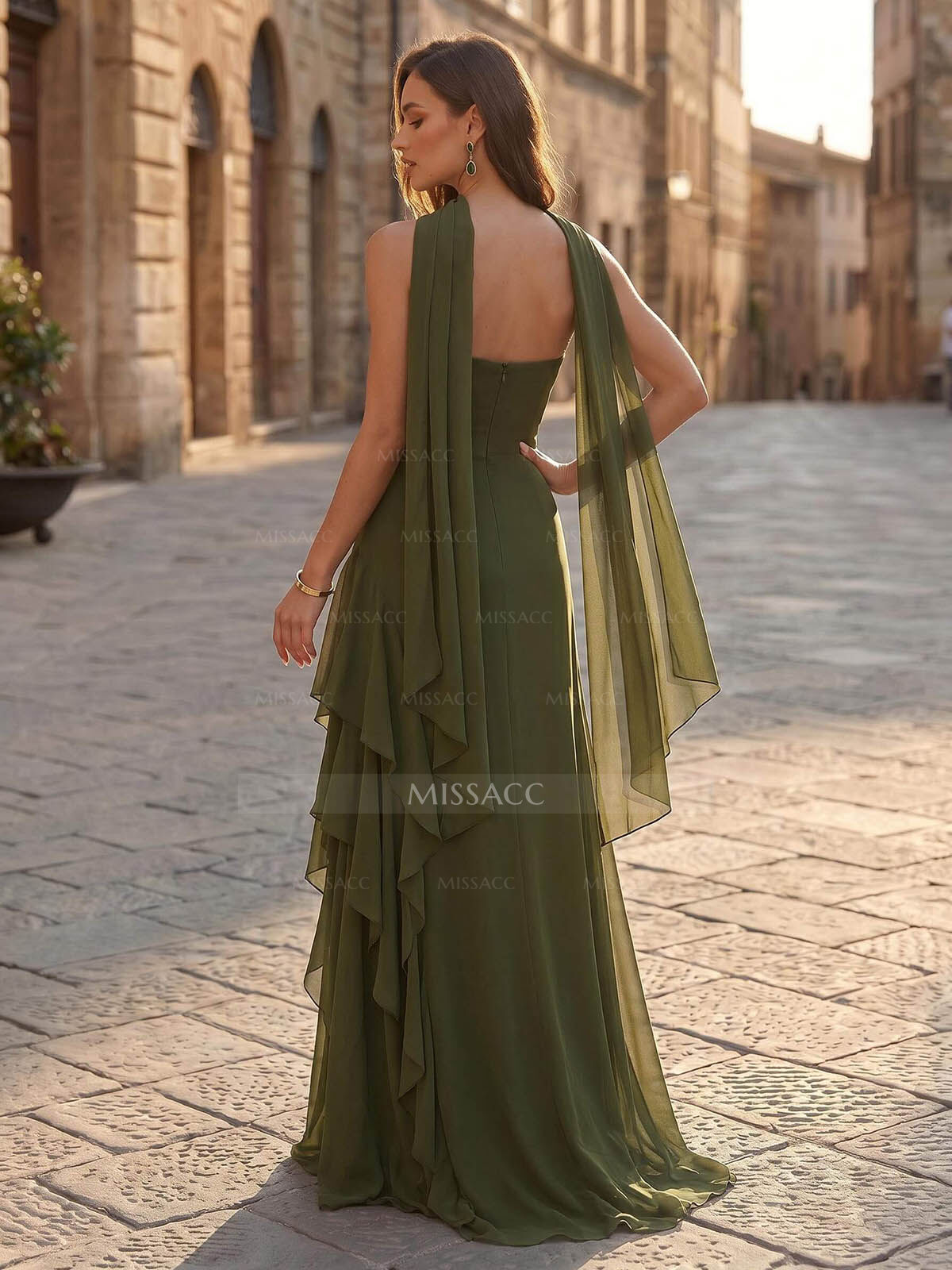 Sheath/Column Strapless Sleeveless Sweep Train Chiffon Evening Dresses With Ruffle