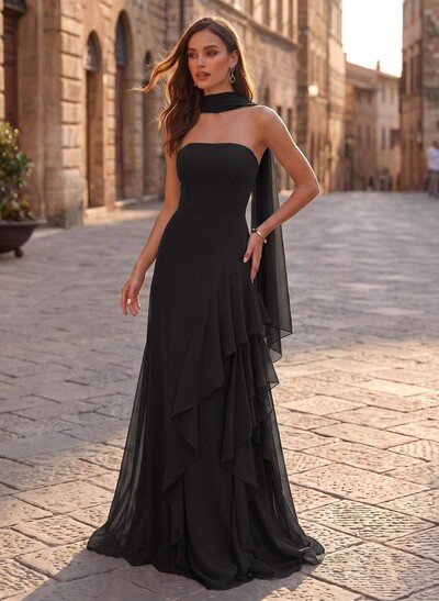 Sheath/Column Strapless Sleeveless Sweep Train Chiffon Evening Dresses With Ruffle