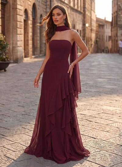 Sheath/Column Strapless Sleeveless Sweep Train Chiffon Evening Dresses With Ruffle