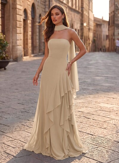 Sheath/Column Strapless Sleeveless Sweep Train Chiffon Evening Dresses With Ruffle