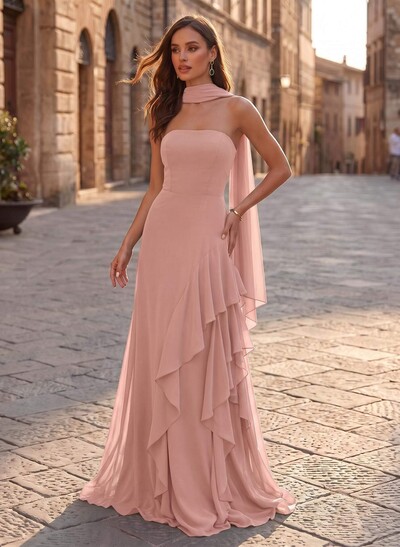 Sheath/Column Strapless Sleeveless Sweep Train Chiffon Evening Dresses With Ruffle
