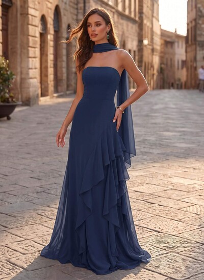Sheath/Column Strapless Sleeveless Sweep Train Chiffon Evening Dresses With Ruffle