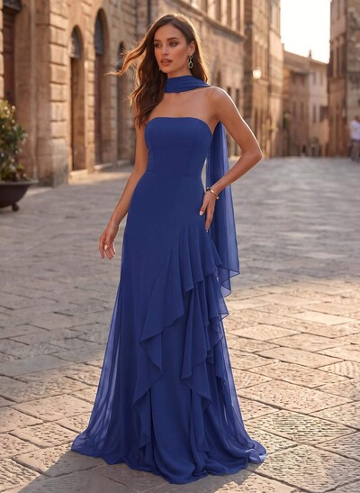 Sheath/Column Strapless Sleeveless Sweep Train Chiffon Evening Dresses With Ruffle