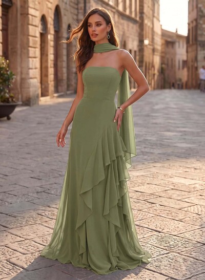 Sheath/Column Strapless Sleeveless Sweep Train Chiffon Evening Dresses With Ruffle
