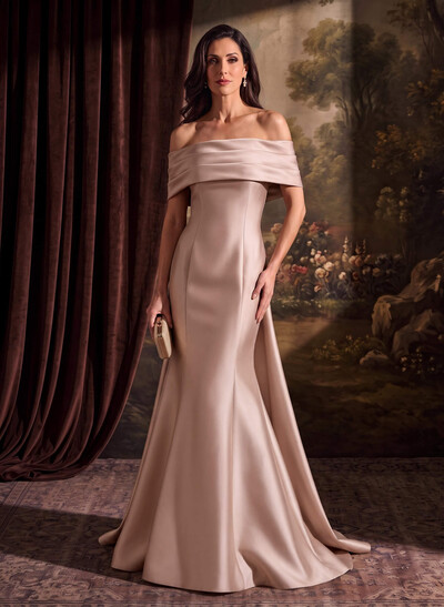 Trumpet/Mermaid Off-The-Shoulder Sleeveless Floor-Length Twill Satin Evening Dresses With Bow(s)