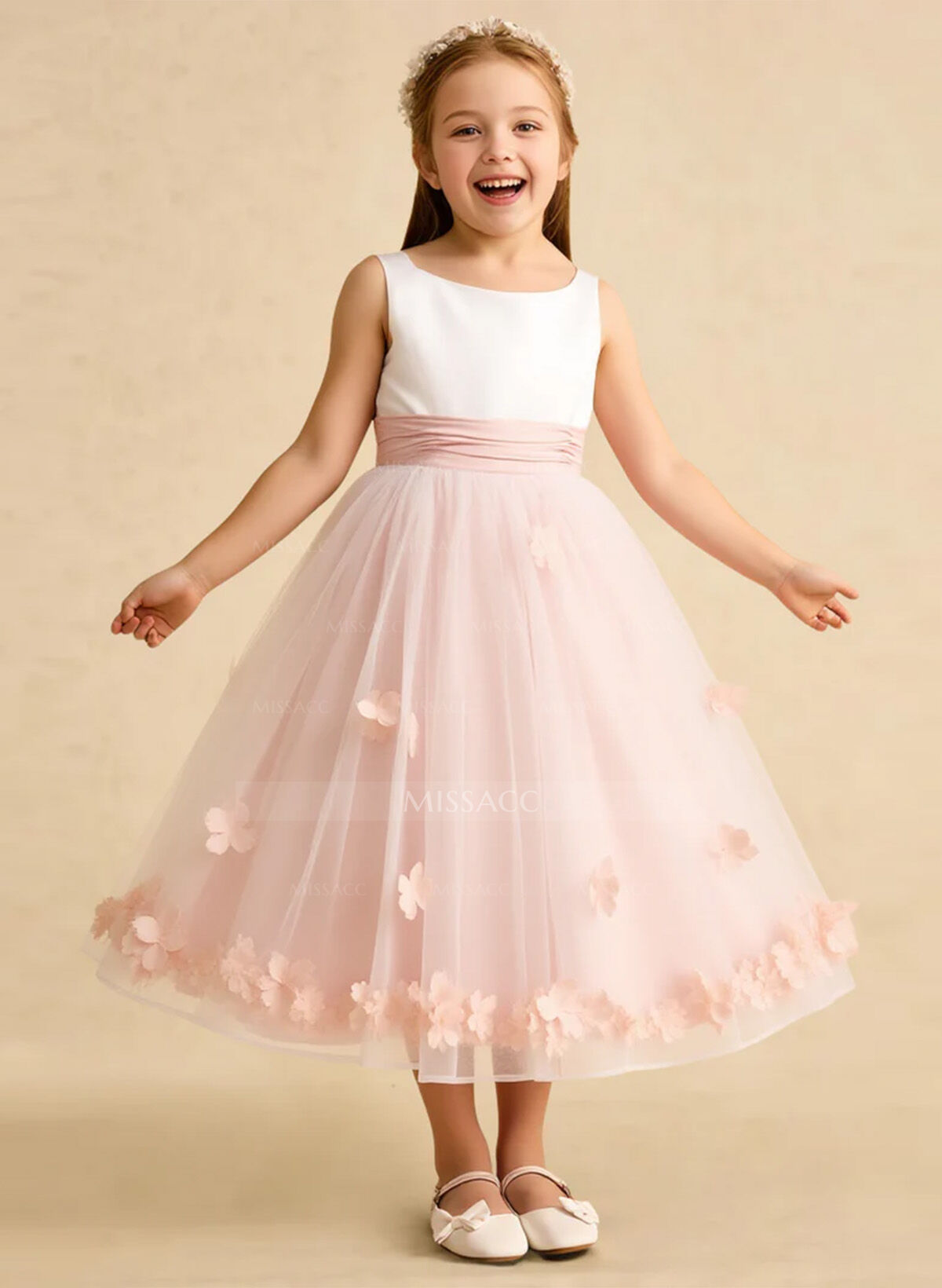 A-Line Scoop Neck Sleeveless Tea-Length Tulle Flower Girl Dresses With Flower(s)