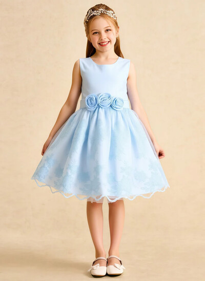 A-Line Scoop Neck Sleeveless Knee-Length Satin/Tulle Flower Girl Dresses With Bow(s)/Lace/Flower(s)