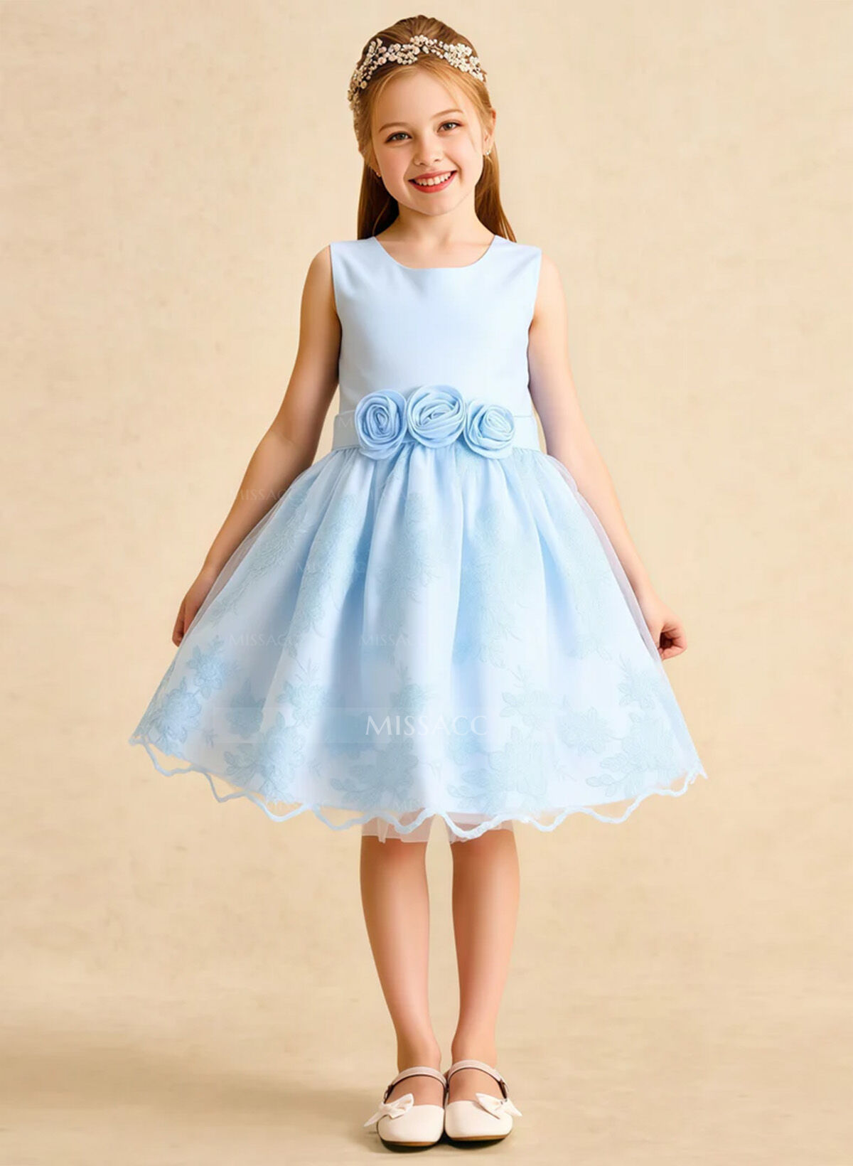 A-Line Scoop Neck Sleeveless Knee-Length Satin/Tulle Flower Girl Dresses With Bow(s)/Lace/Flower(s)