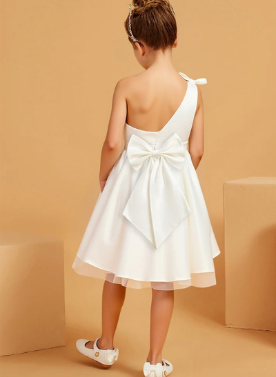 A-Line One-Shoulder Sleeveless Knee-Length Satin Flower Girl Dresses With Bow(s)