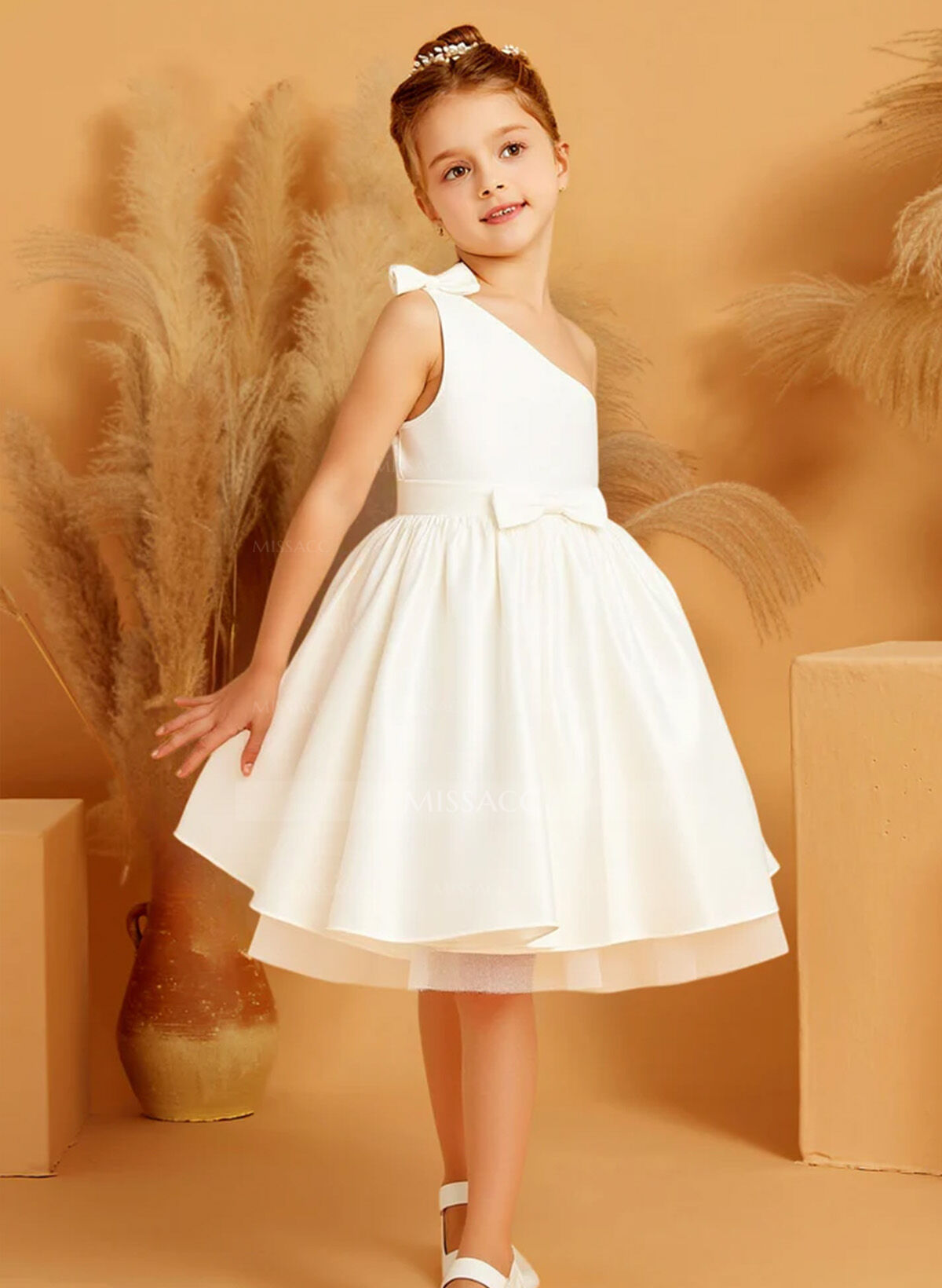 A-Line One-Shoulder Sleeveless Knee-Length Satin Flower Girl Dresses With Bow(s)