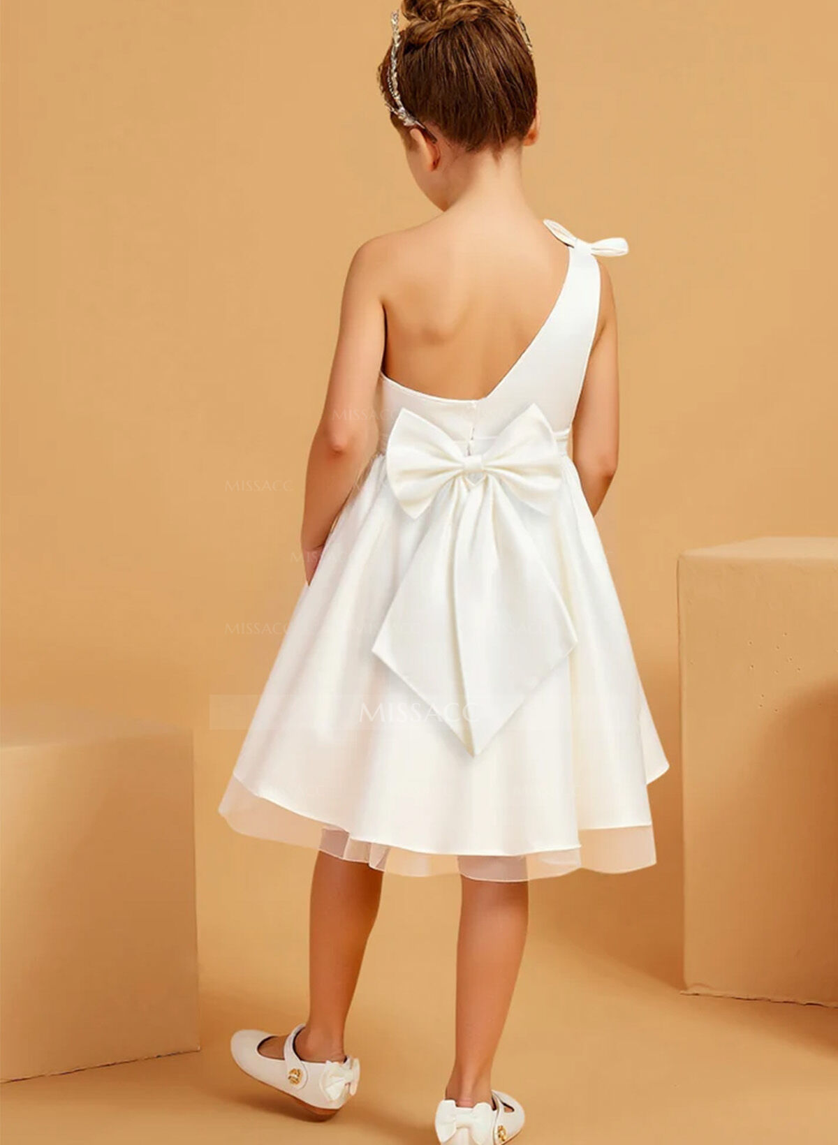 A-Line One-Shoulder Sleeveless Knee-Length Satin Flower Girl Dresses With Bow(s)