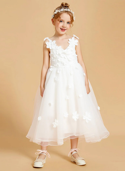 A-Line V-Neck Sleeveless Tea-Length Organza Flower Girl Dresses With Bow(s)/Flower(s)