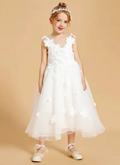 A-Line V-Neck Sleeveless Tea-Length Organza Flower Girl Dress with Bow/Flower Detail