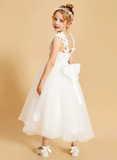 A-Line V-Neck Sleeveless Tea-Length Organza Flower Girl Dress with Bow/Flower Detail