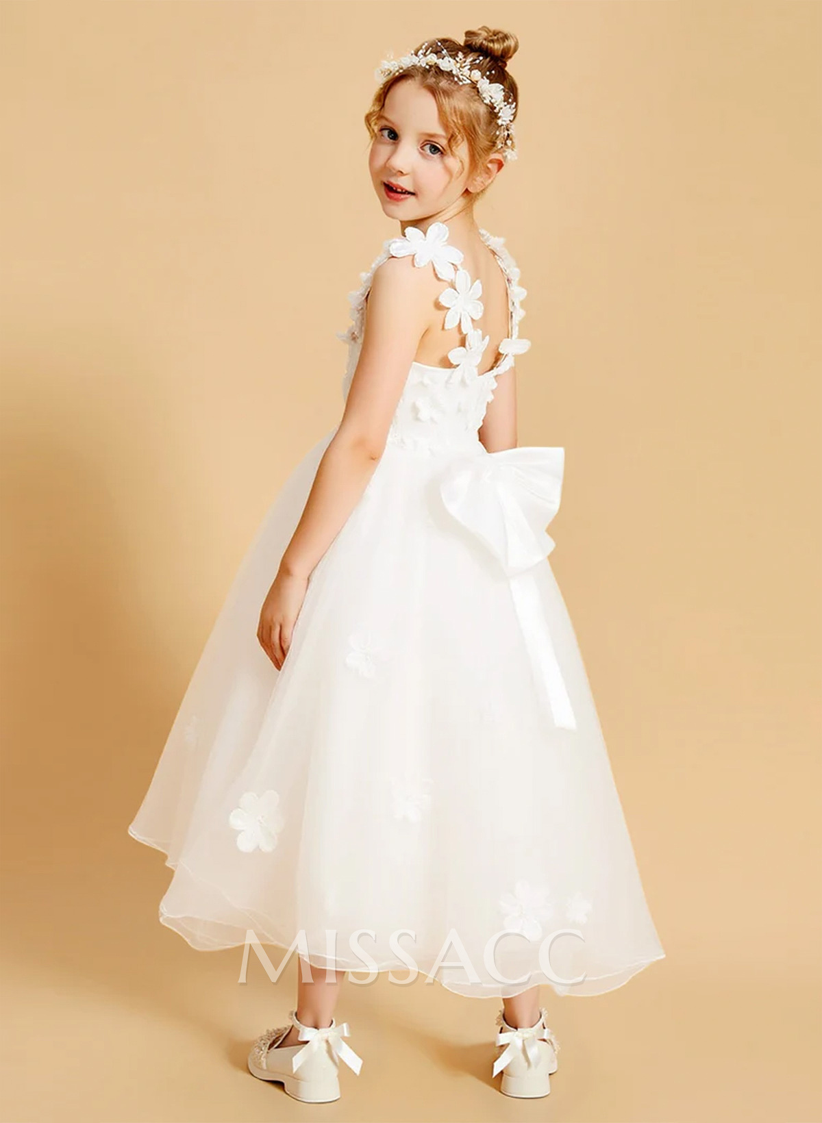 A-Line V-Neck Sleeveless Tea-Length Organza Flower Girl Dresses With Bow(s)/Flower(s)
